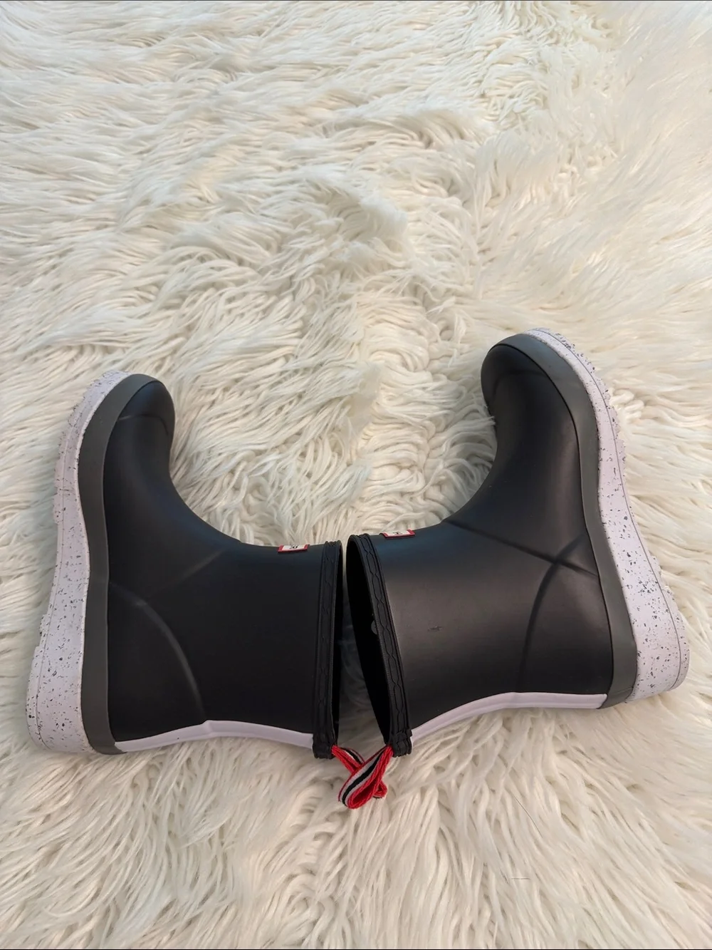 Hunter  Black Rain Boots with White Speckled Sole and Red Pull Tabs BNWOT